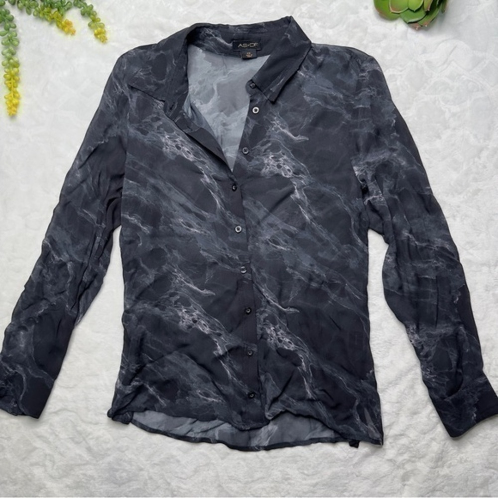 AS by DF Long Sleeve Sheer Collared Button Down Blouse in Black Gray Marble XS
